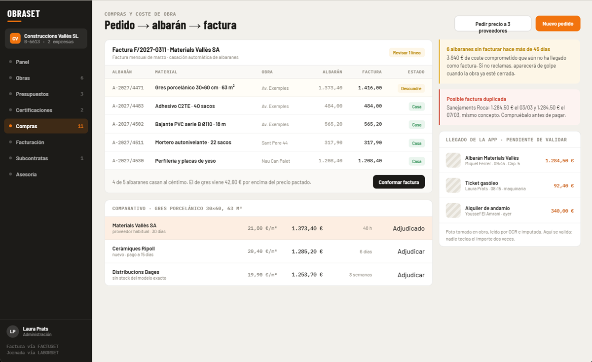 Compras en OBRASET: casación automática de los albaranes con la factura mensual del proveedor y comparativo de tres proveedores por lote
