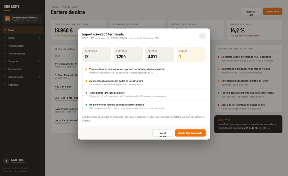 Diagnóstico de importación BC3 en OBRASET: charset detectado, contadores de capítulos, partidas, precios y avisos, y la lista de descuadres y registros ignorados