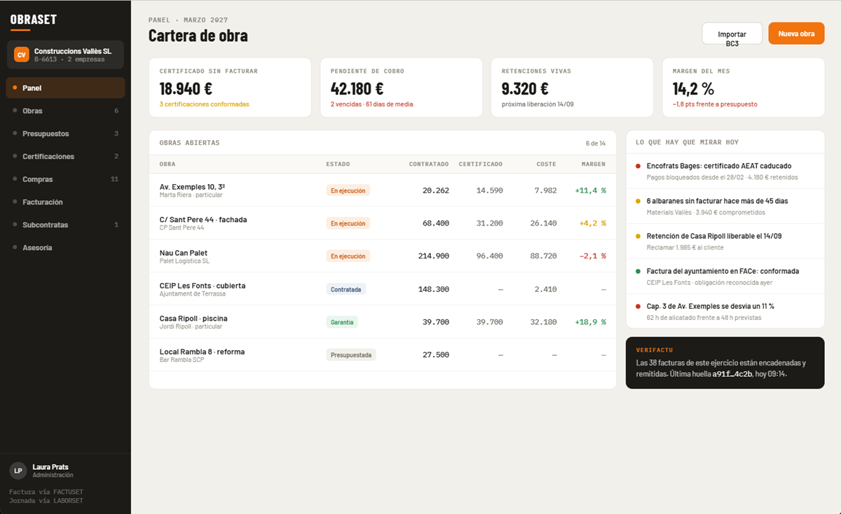 Panel de OBRASET: certificado sin facturar, pendiente de cobro, retenciones vivas y margen del mes, con la tabla de obras abiertas y la lista de avisos del día